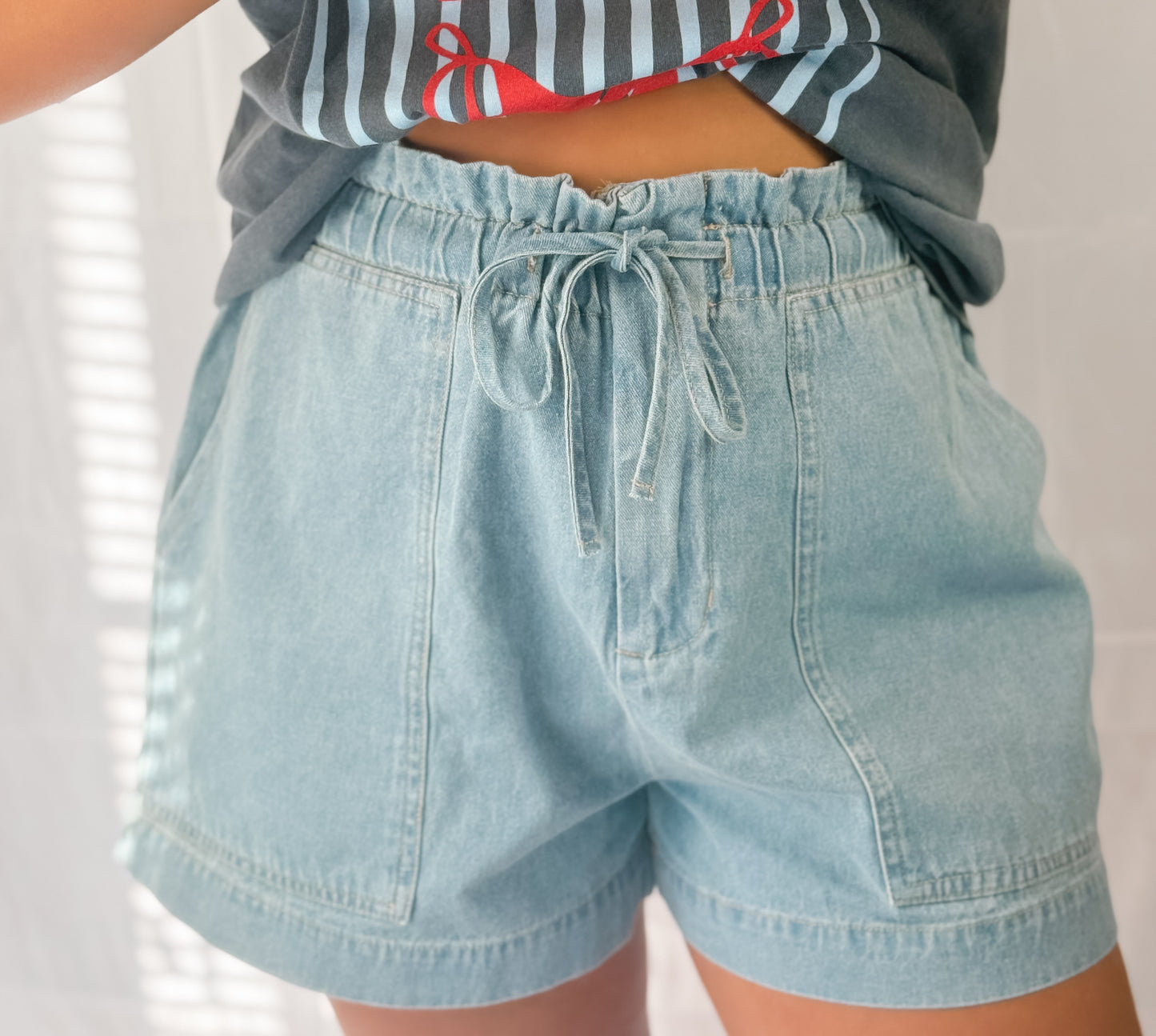 Light Wash Drawstring Denim Shorts