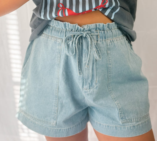 Light Wash Drawstring Denim Shorts
