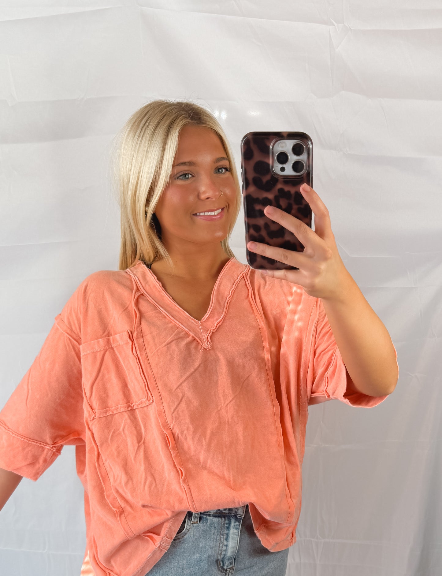 Peachy Mineral Wash V-Neck Top